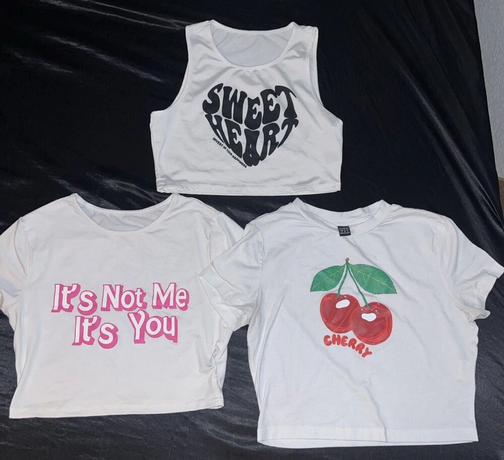 Lot Of 3 SHEIN Crop Tops Women Size Med White  With Graphic Design